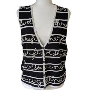 Vintage Koret Sweater Vest Size S Black Striped Crocheted Cursive Cottage Wool